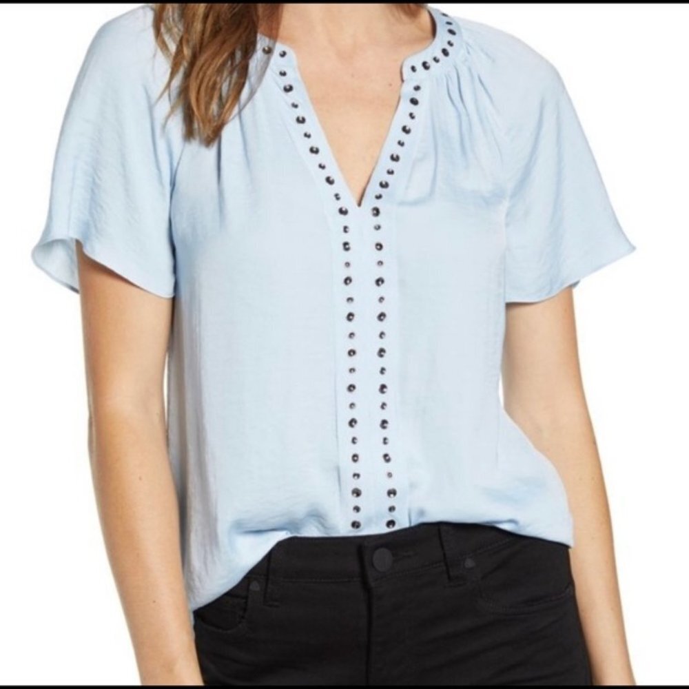 Vince Camuto Stud Trim Hammered Satin Blouse In Blue P6420